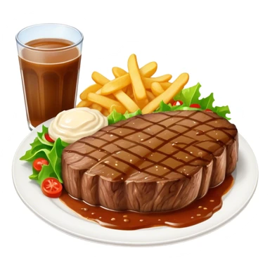 big juicy australian steak meal featuring chips, small salad in a ramiken and gravy  sticker