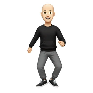 a bald white man, with a black sweater and gray jogging pants and dancing shoes sticker