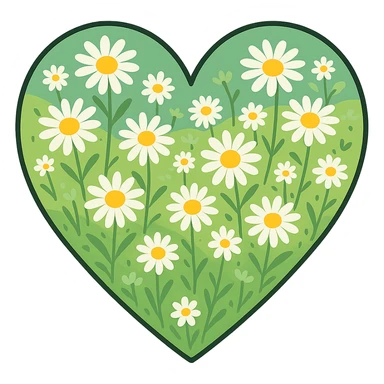 heart with a field of daisies, clean digital illustration sticker
