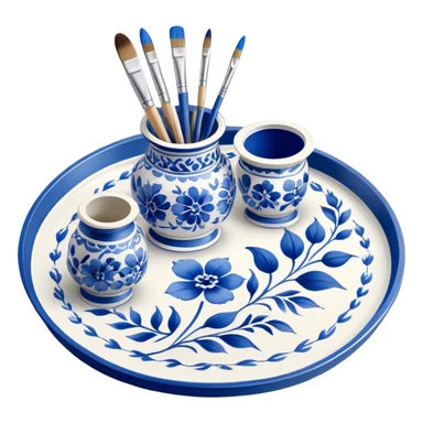 Gzhel-style metal painting icon, hand-painted Gzhel-style metal tray with intricate blue and white floral patterns, visible paintbrush and paint pots, metal surface in the process of being painted, no finished artwork, just the painting process, minimalistic style, clean lines, transparent background. sticker