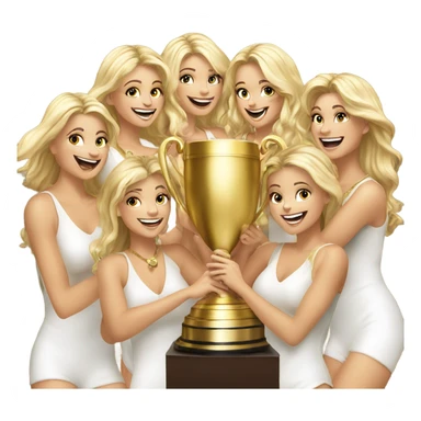 8 beautiful blonde women celebrating with a huge gold trophy sticker