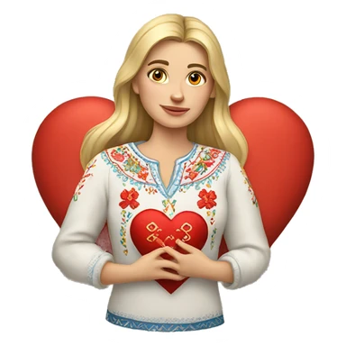 A Ukrainian woman in an embroidered shirt holds a heart in her hands sticker