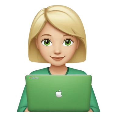 short blonde hair teacher green eyes woman happy holding chromebook sticker