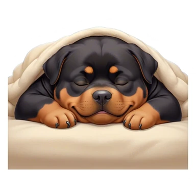 Cinematic Chubby Sleeping Rottweiler Portrait Emoji, Chubby and serene, with a robust, adorable build and a soft, plush black fur with tan markings, eyes gently closed in peaceful slumber, Simplified yet irresistibly endearing features, highly detailed, glowing with a gentle, dreamy glow, high shine, relaxed and content, stylized with a touch of whimsy, bright and heartwarming, soft glowing outline, capturing the essence of a blissfully sleepy guardian, so comically serene it feels like it could roll out of the screen and snore with adorable charm! sticker