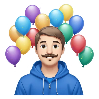 Mr. Beast wearing a blue hoodie, ferret mustache, small light beard, big friendly smile, standing in front of a colorful, fun background with confetti and balloons sticker