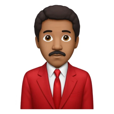 Richard Pryor with dark brown hair, red suit jacket, black suit shirt with red tie sticker