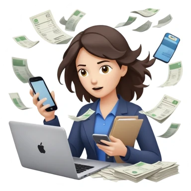 woman holding a phone in one hand, laptop open in front, storm of receipts, invoices, and reminders swirling around, multitasking chaos sticker