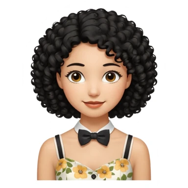 A young woman. She has voluminous, curly black hair that frames her face beautifully. Her skin tone is warm and glowing, and she has a subtle, natural makeup look. She’s smiling softly at the camera. She is wearing a white floral top with thin straps and a small bow tie detail in the front. sticker
