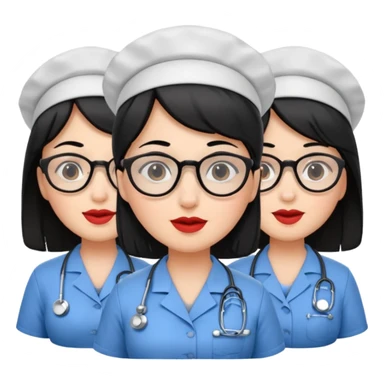Genera un emogis de 4 enfermeras pelinegra juntas, entre ellas una con un lunar encima del labio y otra con lentes sticker
