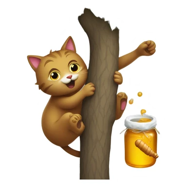 Cat climbing a tree chasing a bear holding a honey pot sticker