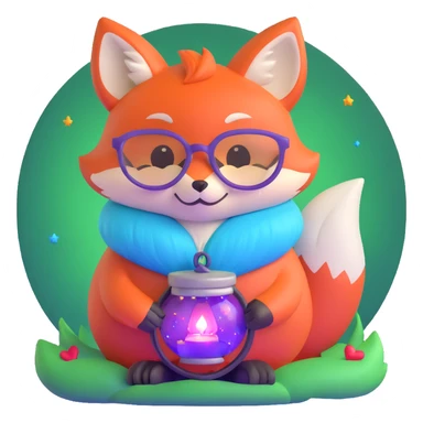 small magical fox with shimmering purple and blue fur, glowing fluffy tail, silver star on forehead, round glasses, tiny lantern, hugging a big red heart sticker