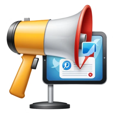 An icon featuring a megaphone, a billboard, and social media icons, symbolizing advertising and public relations. The design includes a press release and a rising graph, representing brand promotion and communication strategies. Transparent background highlights media influence and outreach. sticker