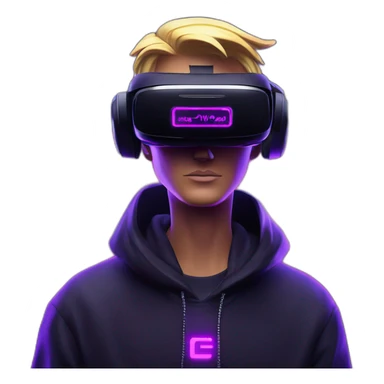 Donald Trump wearing a black hoodie with "OMG" letters on it and VR headset in a cyberpunk VR environment with violet neon lighting. sticker