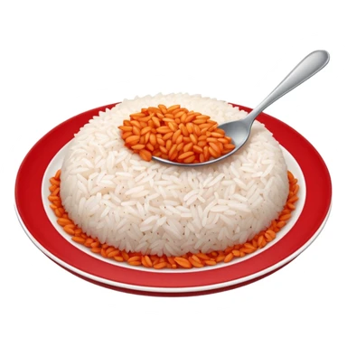 a plate of red-topped rice, with a spoonful missing, showing the inside sticker