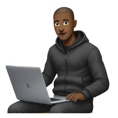Black-guy-with-buzz-cut-wearing-black-trackstuit-sitting-down-on-chair facing-foward-focused-on-laptop-computer- sticker