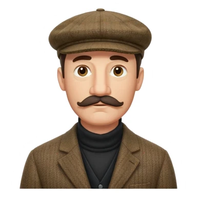 three quarter head profile huge mustache big sideburns sport coat black turtleneck tweed flat cap, squinting eyes trying to puzzle out sticker