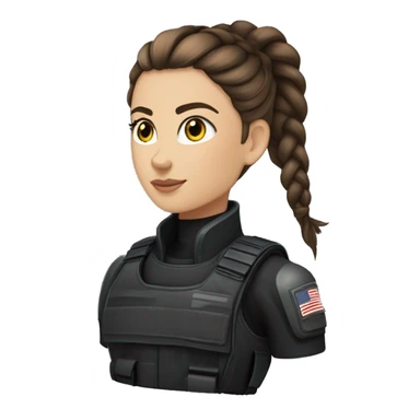 A young woman with a petite and slender build, pale, hazel eyes, and long brown hair with a silver streak, pulled back into a braid. She’s wearing black tactical battle gear. sticker