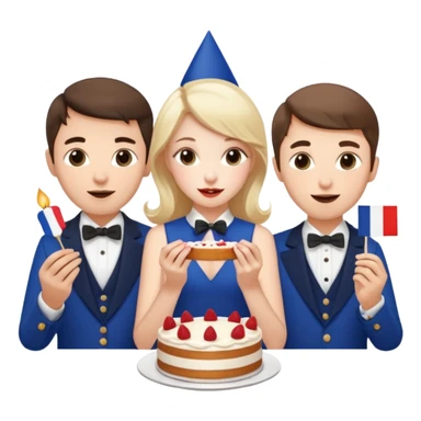 a french style elegant girl being recorded by 2 elegant guys with a french flag  and the girl eating a cake sticker