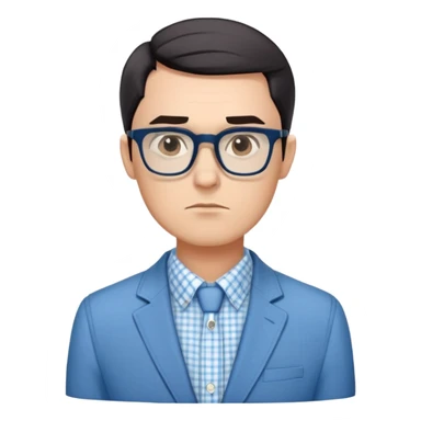 Man with angular square face, large dark square eyeglasses, short straight dark hair with side part. Composed serious expression. Wearing a light blue blazer over a white button-up shirt with blue checkered pattern. sticker