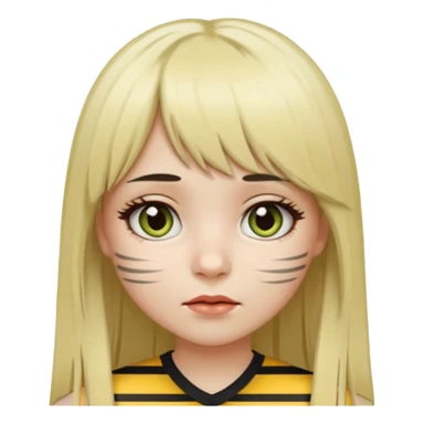Girl with long straight dark brown hair and blonde striped streaks, with bangs. Light skin and dark eyes. Turn her into a cute zombie version — pale greenish skin, dark eyes, small wounds under eyes, keep her hair and mechas the same, emoji-style. sticker