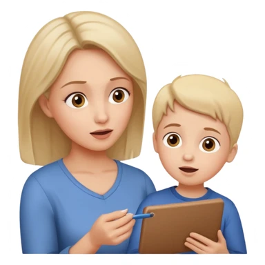 pleasanty surprised mother with child showing drawing sticker