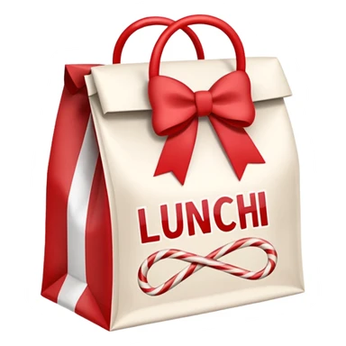 christmas paper lunch bag with the word lunch on it and a bow and candycanes sticker