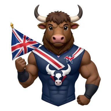 Houston texans black bull, wearing a texans jersey, with a union jack flag behing sticker