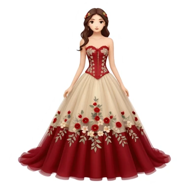 A luxurious strapless A-line wedding gown featuring a sheer lace corset bodice with structured boning, intricate floral embroidery, and a flowing layered tulle skirt adorned with delicate 3D floral appliqués for a soft, romantic, fairytale look. sticker