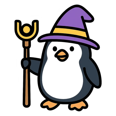 color outline icon of a penguin wizard with a staff sticker