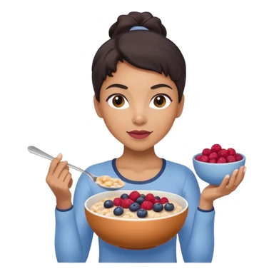 Mixed-race athletic woman with caramel skin, slim thick, holding a bowl of oatmeal with berries, pastel tones sticker