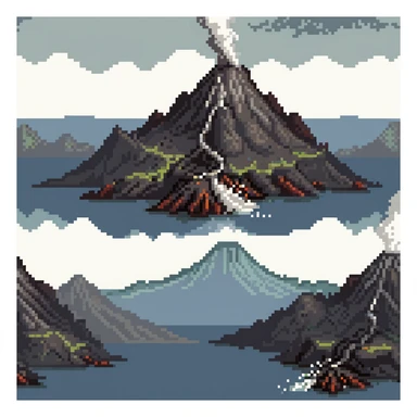 Volcanic island with multiple erupting peaks and ash clouds sticker