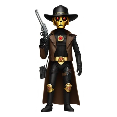battle rough and tough bounty hunter c3Po wearing Satan’s leather biker outfit with guns and wide-brim hat on head. walking sticker