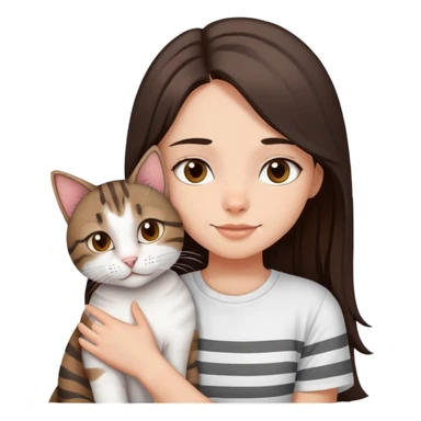 a girl with long dark brown hair, in a
white T-shirt and brown eyes, hugs a tabby
dark grey and white strips one cat sticker