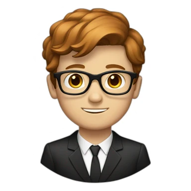 a white boy with square glasses with short brown reddish hair wearing a suit and black shoes sticker