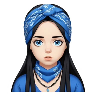 billie eilish blue eyes long black hair dark eyeliner makeup, wearing bandana sticker