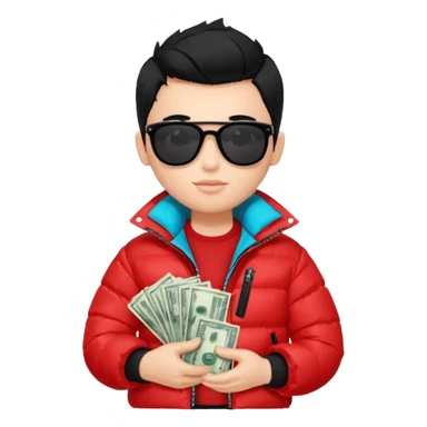 a pretty bratz boy with black hair, holding a bag of money, sunglasses on, red puffer jacket sticker