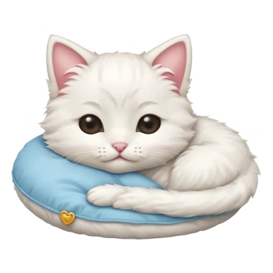 white fluffy kitten snuggling a pillow, cheeks rosy, eyes closed in > < shape sticker