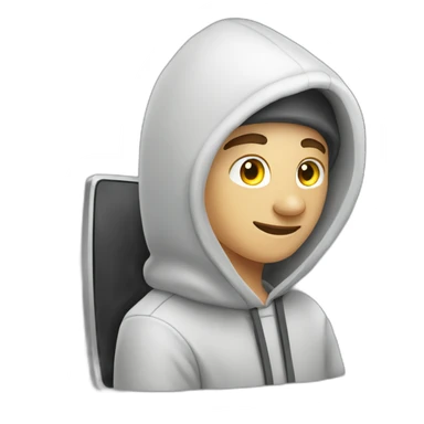 White young Adult Developer with a hood behind his computer sticker