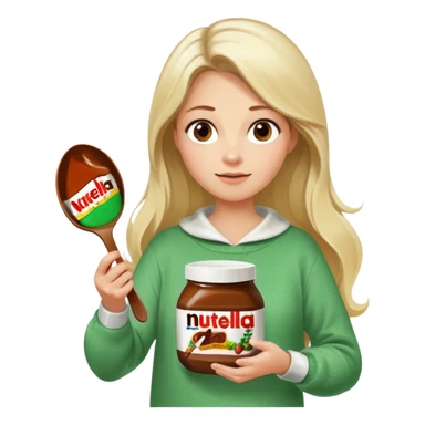 Blond woman with white and green pullover holds in one hand a big carriage of Nutella and in the other hand a oversized spoon which is in the carriage of Nutella. Her hair is long. And the Nutella jar is very big sticker