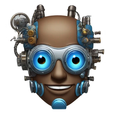 Brown cyborg head with blue Mohawk, blue beard, silver steampunk monocle goggles a smile and circuits sticker