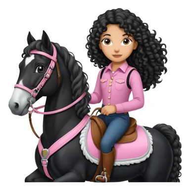Realistic mixed race girl with long curly hair, riding a big black and white draft horse, wearing pink harness and saddle  sticker
