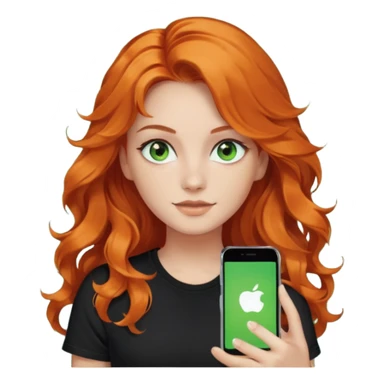 Girl with dark long orange wavy hair, green eyes, and black t-shirt and iphone with tiktok app on hand sticker