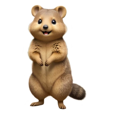 cinematic-quokka-realistic-full-body-standing on its hind legs hunched over-emoji,-small-round-frame-balanced-on-tiny-strong-hind-legs,giant fluffy cheeks large smile-fluffy-brown-fur-radiating-a-warm-softness,-big-round-eyes-filled-with-joy-and-innocence,-tiny-clawed-paws-held-close-to-chest,-cheerful-smile-exuding-endearing-happiness,-simplified-yet-realistic-focused-features,-highly-detailed,-glowing-with-a-sunny-warmth sticker