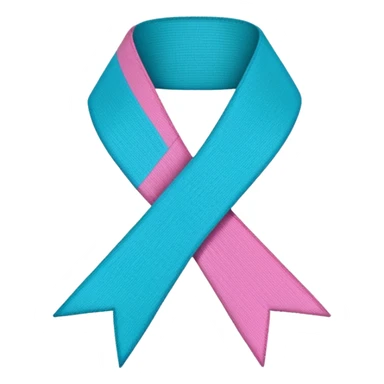 Thyroid cancer ribbon which has a blue strand, a pink strand and teal at the top where the ribbon crossed over sticker