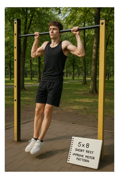 Giovane principiante dello streetlifting in un parco, fisico ancora asciutto, esegue lunghe serie di trazioni senza peso, con tecnica controllata. A terra, un taccuino con scritto '5x8 - riposo breve - migliorare schema motorio'. Espressione concentrata. Luce naturale, atmosfera educativa, senso di costruzione progressiva. sticker