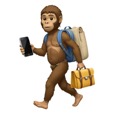 Draw an Australopithecus walking like a nomad, carrying a cloth bundle on its back, holding an iPhone in one hand and an open laptop with the screen visible in the other hand, in a cute flat iPhone emoji style. sticker