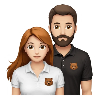 Criar Casal - Homem branco de cabelo liso e olhos marrom, com barba, expressão séria usando camiseta polo preta e mulher de pele branca cabelo cacheado marrom longo e olhos mel, usando uma regata branca, quero ela sorrindo sticker