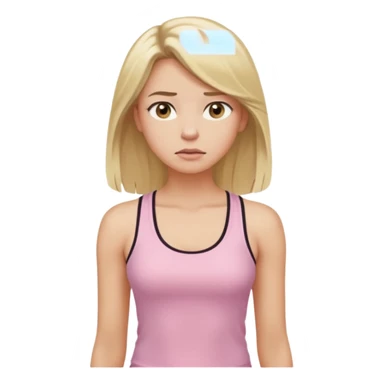 Create a young woman with long blonde hair, golden eyes, and medium-light skin tone, wearing a light pink tank top and leggings. She should be in portrait mode, but with a subtle doubting facial expression—slightly raised eyebrow, small frown, .  and her hand next to her chin likethinking face emoji sticker
