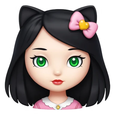 Hello Kitty, with long black hair and green eyes sticker