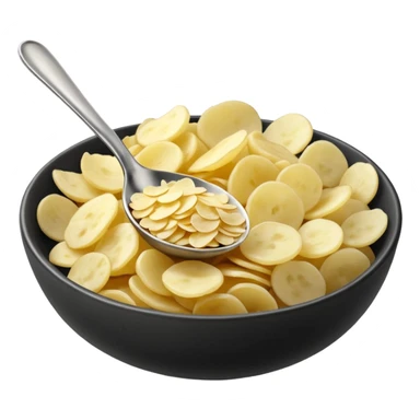 loose scatter of off-white potato flakes, very fine and small, irregular lightweight shapes, slightly translucent dry texture, thin curled edges, uneven sizes, dehydrated instant format, no bowl, spoon, or packaging, just the flakes, soft lighting, subtle shadows, emoji scale sticker